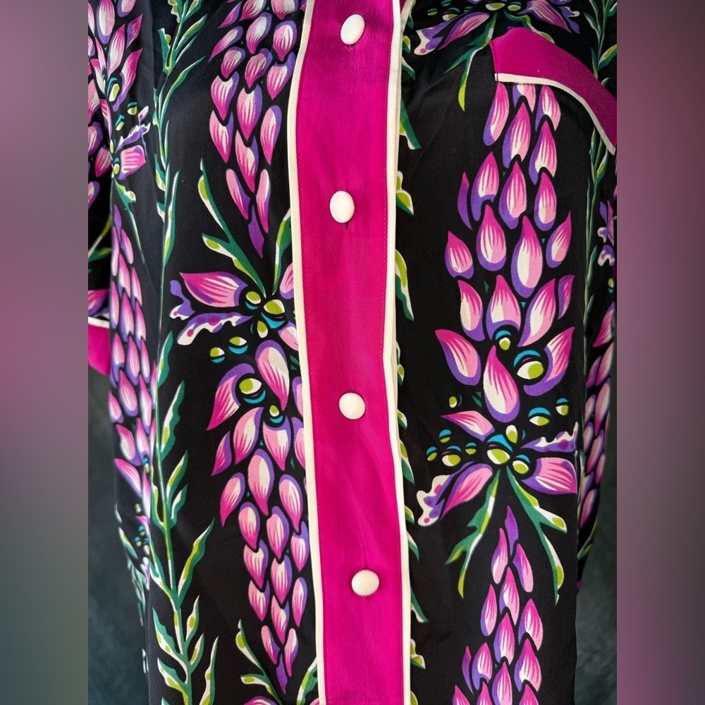 Vintage Bob Mackie Pink and Black Floral Women's Shirt 100% Silk! - Picture 2 of 9